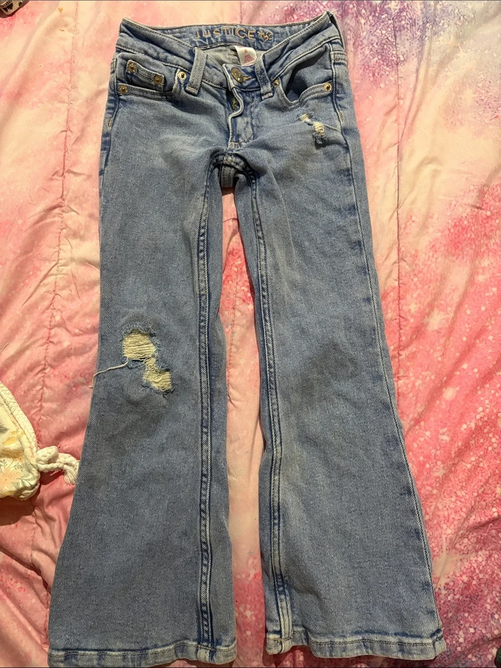 Justice Light Blue Distressed Flare Jeans